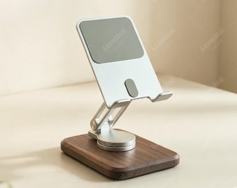 Handcrafted Walnut Phone Stand, 360 Rotation Wooden Cell Phone Holder for Desk