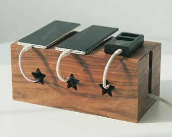 Desktop Wooden Cable Organizer Box, Power Strip & Charger Storage, Walnut or Pine