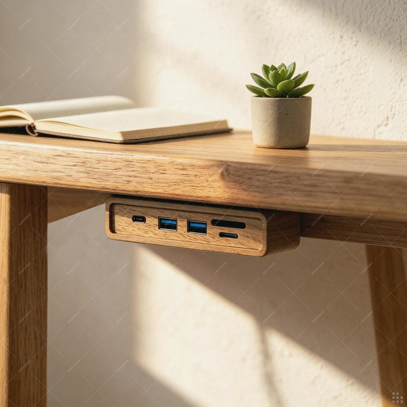 Puede incluir: Un concentrador USB rectangular de madera montado bajo el borde de un escritorio de madera. El dispositivo presenta un acabado de veta de madera marr&oacute;n claro con dos puertos USB azules, dos puertos USB-C y dos ranuras para tarjetas.
