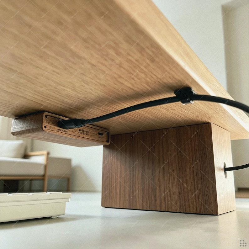 Puede incluir: Un escritorio de madera de tono claro con una caja rectangular de gesti&oacute;n de cables montada debajo de la superficie. Un cable de alimentaci&oacute;n negro est&aacute; conectado al lado de la caja de madera, que muestra texto negro y est&aacute; fijado bajo el escritorio.
