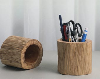Natural Wood Pen Holder, Handmade Elm Desk Organizer, Rustic Wooden Pencil Cup