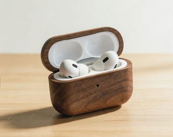 Walnut Wood AirPods Pro Case, Wooden Earbuds Cover, Handmade Wireless Earphone Case