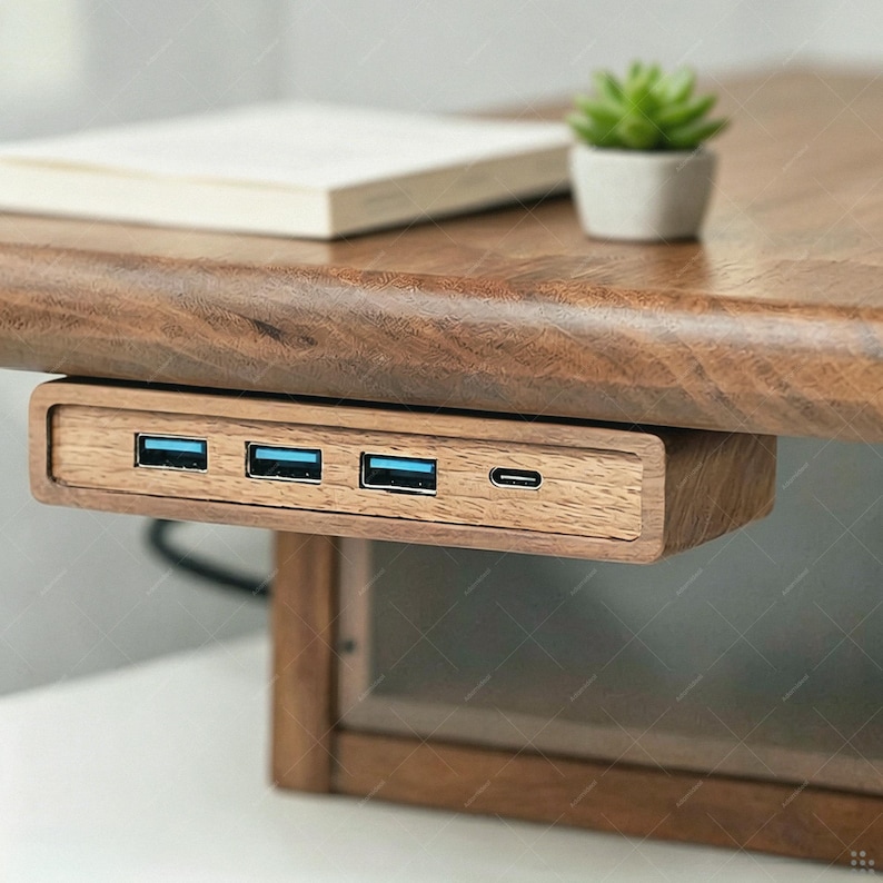 Puede incluir: Un concentrador USB rectangular de madera montado en la parte inferior de un escritorio de madera. El dispositivo cuenta con tres puertos USB-A azules y un puerto USB-C en su parte frontal. La veta de la madera es visible en la carcasa.