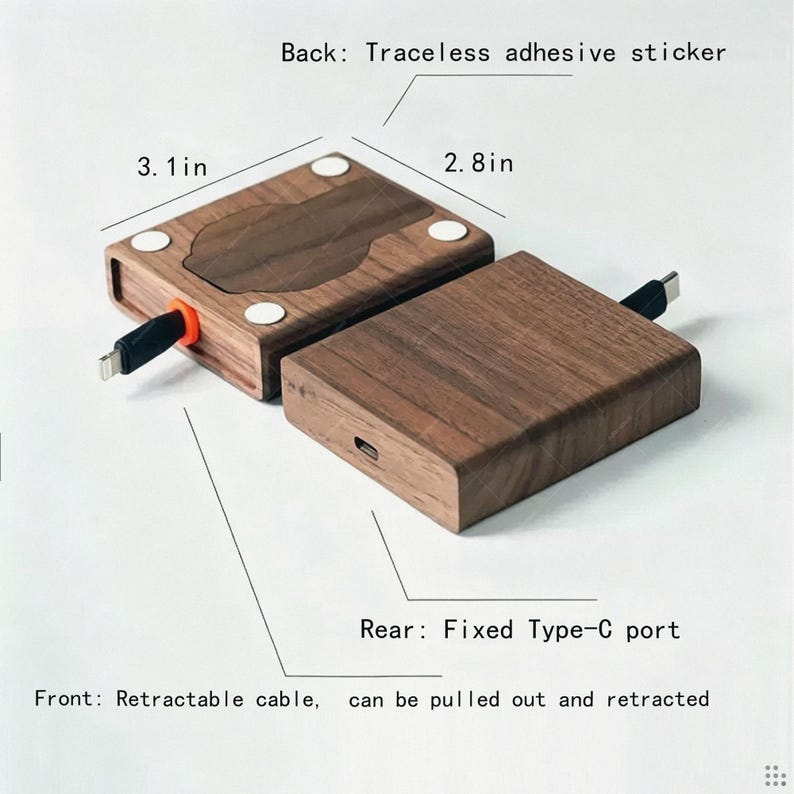 May include: Two rectangular wooden charging devices with dark brown wood grain. One shows a traceless adhesive sticker on the back, measuring 3.1 inches by 2.8 inches. A retractable cable with an orange accent extends from one side, and a fixed Type-C port is visible on the rear of the other unit.