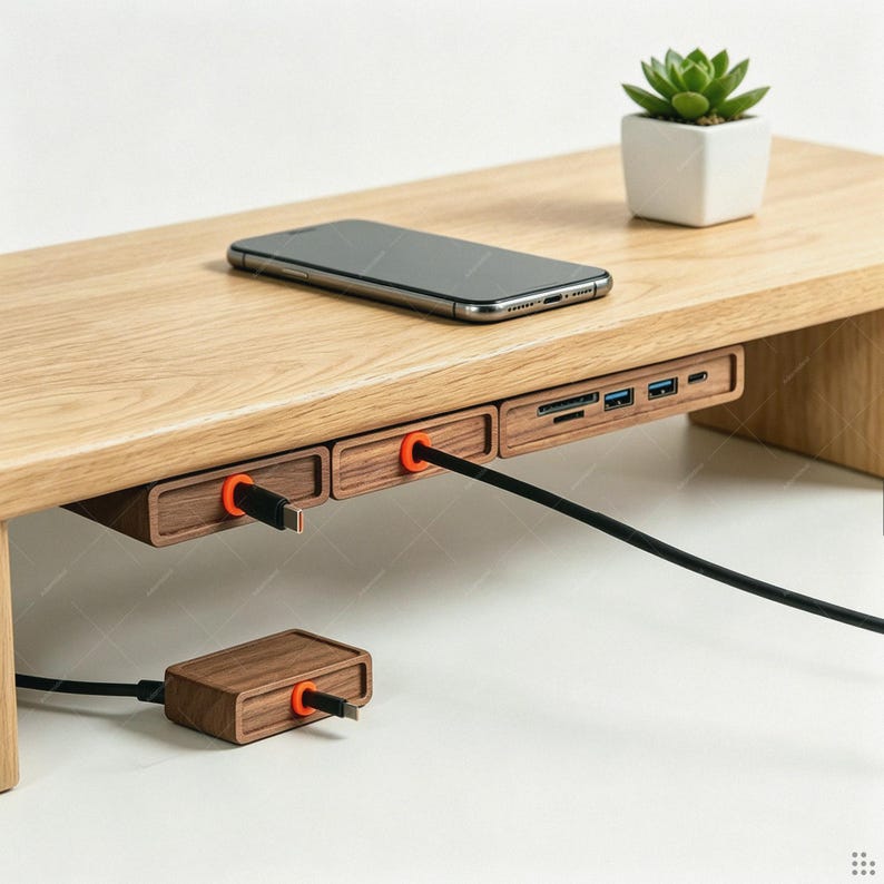 May include: A light-colored wooden monitor stand featuring integrated dark wood drawers with orange circular accents. The stand includes built-in USB ports and card slots, with a black charging cable connected to a matching dark wood external hub.