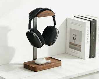 Walnut Wood Aluminum Headphone Stand, Desktop Gaming Headset Holder, Desk Earphone Rack