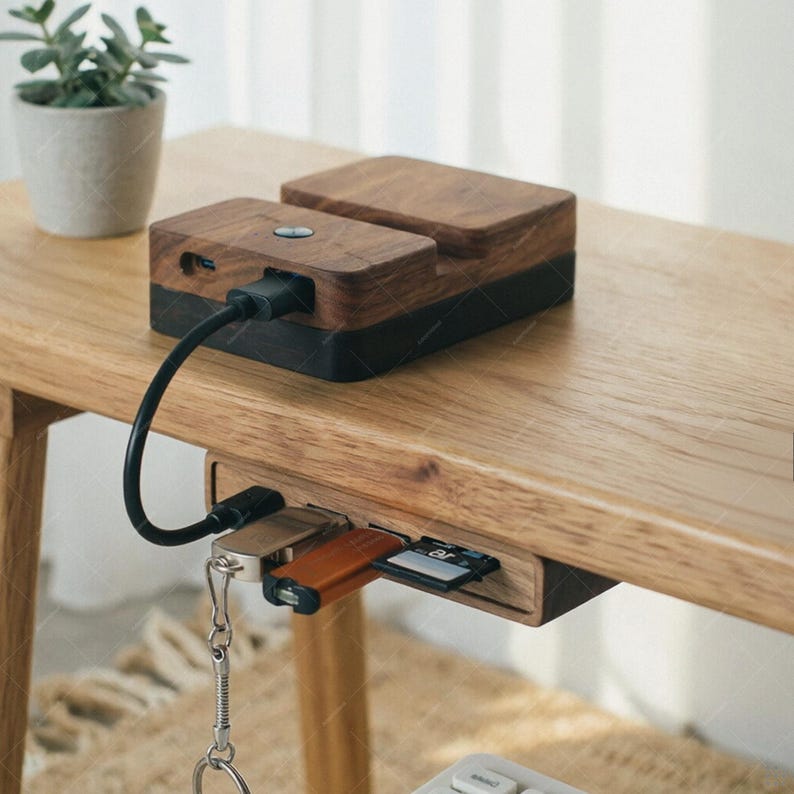 Puede incluir: Una estaci&oacute;n de acoplamiento rectangular de madera con base oscura y parte superior de madera natural, con un bot&oacute;n de encendido circular y un puerto lateral. Un cable negro la conecta a un concentrador bajo el escritorio con un USB y SD.