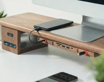 Organizador de escritorio de madera / Caja de cables retráctil / Soporte adhesivo para cables, color nogal y haya