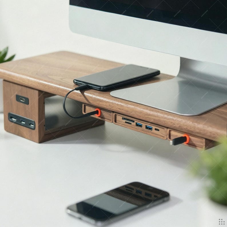 May include: A wooden monitor stand with integrated USB ports and card reader slots. The stand features a dark wood grain finish, orange-rimmed cable ports, and a black charging cable connected to a smartphone resting on the top surface.