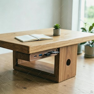Puede incluir: Una mesa de centro de madera marr&oacute;n claro con una superficie rectangular gruesa y un concentrador electr&oacute;nico integrado con puertos USB y de tarjeta SD. Un cuaderno abierto descansa sobre la superficie junto a una peque&ntilde;a suculenta en una maceta gris.