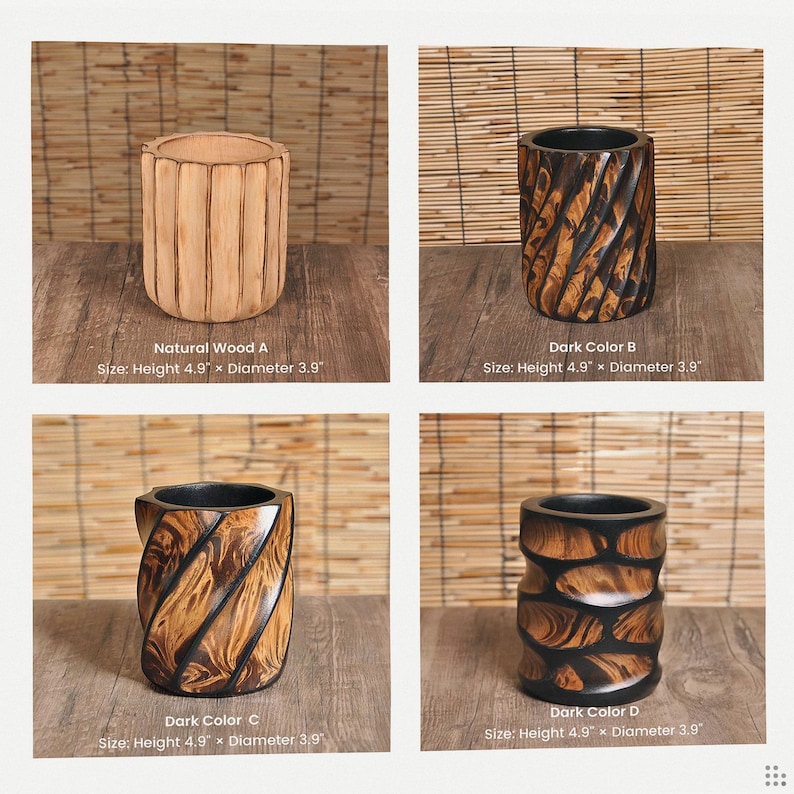 May include: Four wooden cylindrical containers with varying designs and colors. The containers are labeled Natural Wood A, Dark Color B, Dark Color C, and Dark Color D. Each container is 4.9 inches high and 3.9 inches in diameter.