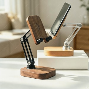 May include: Two adjustable phone stands with wooden bases and metal arms. One stand features a dark walnut wood base and black metal arm, while the other has a light wood base and silver metal arm. Both include a wooden phone holder with black pegs.
