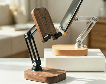 iPad Phone Tablet Stand | Foldable Desk Holder | L Series Walnut Wood Aluminum