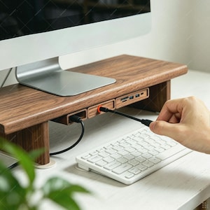 Wood Desk Organizer | Retractable Cable Box | Adhesive Cord Holder Walnut Beech image 5