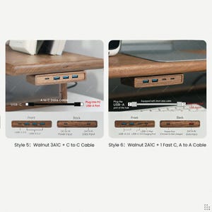 Puede incluir: Dos concentradores USB de madera de nogal montados bajo un estante de escritorio. El estilo 5 incluye un puerto USB-C y tres puertos USB-A con cable C a C. El estilo 6 incluye dos puertos USB-A, un puerto de carga USB-C y carga r&aacute;pida.