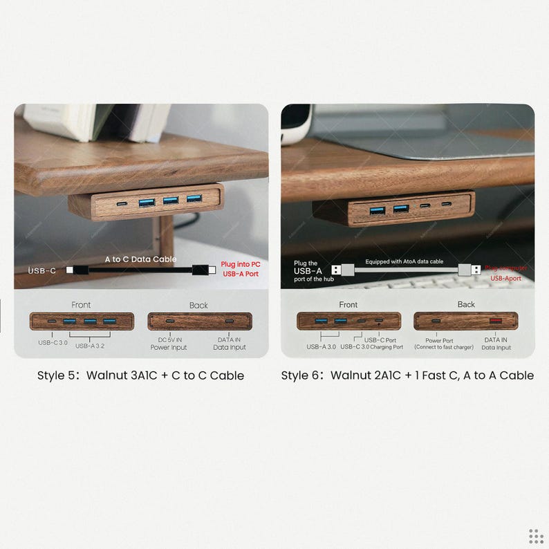 Puede incluir: Dos concentradores USB de madera de nogal montados bajo un estante de escritorio. El estilo 5 incluye un puerto USB-C y tres puertos USB-A con cable C a C. El estilo 6 incluye dos puertos USB-A, un puerto de carga USB-C y carga r&aacute;pida.