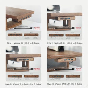 Puede incluir: Un soporte de madera para monitor con concentradores USB y lectores de tarjetas integrados. Se muestran cuatro estilos: Walnut 4A con cable A a C, Walnut 5-in-1 con cable A a C, Walnut 5-in-1 con cable C a C y Walnut 3A1C con cable A a C.