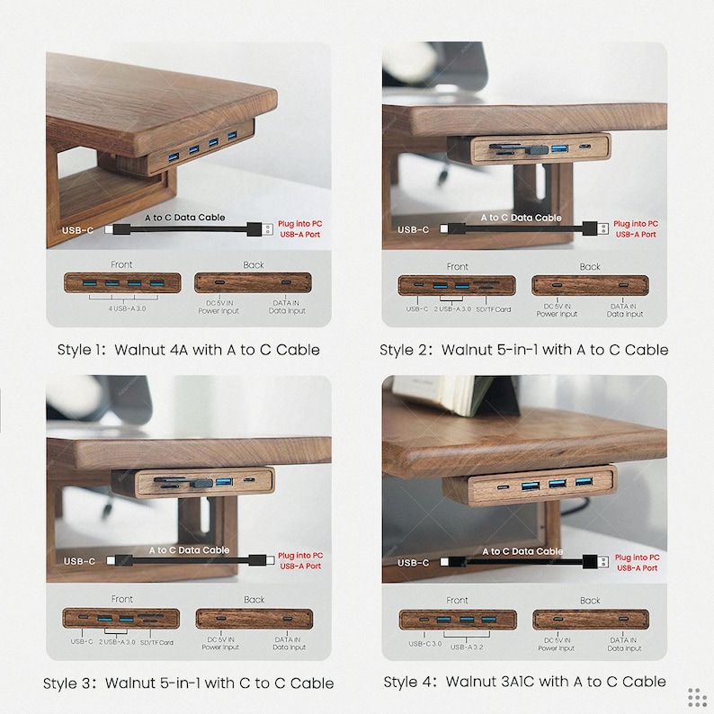 Puede incluir: Un soporte de madera para monitor con concentradores USB y lectores de tarjetas integrados. Se muestran cuatro estilos: Walnut 4A con cable A a C, Walnut 5-in-1 con cable A a C, Walnut 5-in-1 con cable C a C y Walnut 3A1C con cable A a C.