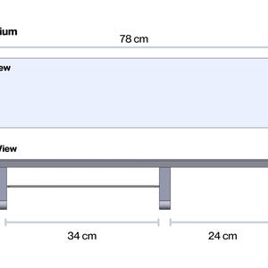 May include: A medium desk shelf shown in top and front views with technical dimensions. The shelf is 78 cm long and 22.5 cm wide. The front view shows a height of 11.5 cm, a clearance of 9.5 cm, and leg spacing of 34 cm and 24 cm respectively.