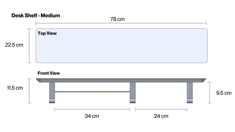 May include: A medium desk shelf shown in top and front views with technical dimensions. The shelf is 78 cm long and 22.5 cm wide. The front view shows a height of 11.5 cm, a clearance of 9.5 cm, and leg spacing of 34 cm and 24 cm respectively.