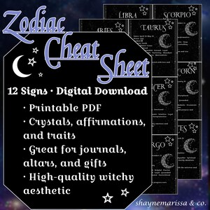 Zodiac Cheat Sheet Printable – 12 Sign Astrology Guide PDF – Digital Download – Witchy Birth Chart Reference – Crystal & Affirmation Chart