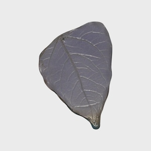 Könnte beinhalten: Ein einzelnes, stilisiertes Blatt in Grau- und Lilatönen. Die Adern des Blattes sind sichtbar, und es hat ein strukturiertes Aussehen. Das Blatt ist vor einem weißen Hintergrund isoliert, wodurch seine Form und Details hervorgehoben werden.