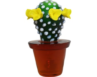 Mini figura de cactus amarillo de Dynasty Gallery, pisapapeles pequeño, arte en vidrio hecho a mano, estilo vintage, soplado a mano, verde, blanco, marrón, 26663, 2.25 x 1.5".