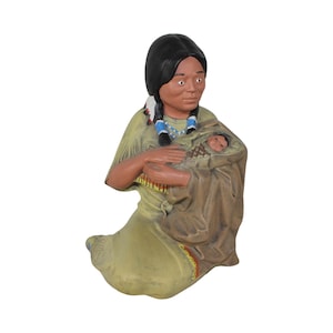 Vintage 1980s 1981 Hand Painted Native American Style Indian Mother Squaw Child Baby Ceramic Byron Molds Matte Signed Art Pottery 10x7x7 in