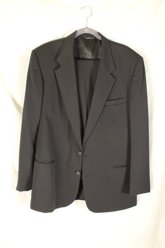 Perry Ellis, Perry Ellis Portfolio Mens 2 Piece Set Wool Suit 47 Black Jacket 40x33 Pants Wedding Formal Wear Made in the USA United States Union Made