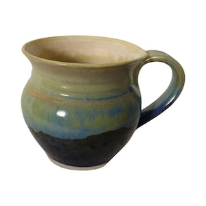 Handmade Hand Thrown Handcrafted Stoneware Studio Art Pottery Ceramic Coffee Cup Mug Blue Green Floral Signed 6x4 in 16 oz Pint Glossy Matte