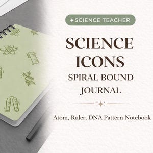 May include: A spiral-bound journal with a light green cover featuring science-themed icons like atoms, rulers, and DNA strands. The text on the cover reads "SCIENCE ICONS SPIRAL BOUND JOURNAL". Two black pencils and a small succulent plant are also visible.