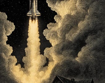 Surreale Rakete Start Nacht Poster • Bauernhaus Space Art (Digitaler Download)