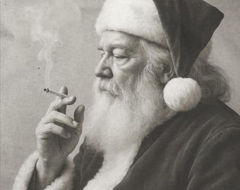 Weihnachten Wand Kunst zum Ausdrucken | rauchender Weihnachtsmann Vintage Print | Schwarz und Weiß Weihnachtsdekor | Sofortiger digitaler Download