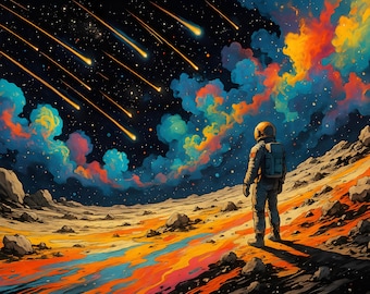 Astronaut Kosmische Landschaft Wandkunst | Psychedelischer Raumdruck | Weltraum Exploration Decor