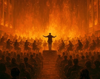 Fire Orchester Kunstdruck • Surreal Symphonie • Apocalyptic Dirigent Illustration • Hochauflösender digitaler Download