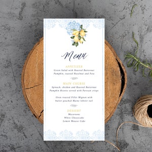 Mediterranean Menu - Bridal Shower Customised 4x8in - PDF Digital Download