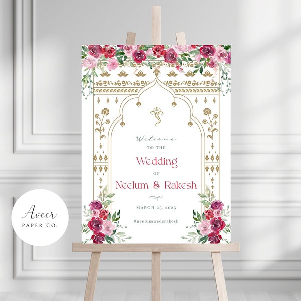 Hindu Wedding Ceremony Welcome Sign, Mandap design with Red/Pink Rose Bouquets -  Indian Wedding - 18"x24"