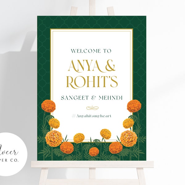 Welcome Sign | Indian Wedding Marigold Flowers | Sangeet | Mehndi | Haldi | Maiyan | Choora - 18"x24"