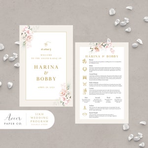 Sikh Hochzeitsprogramm | Anand Karaj Hochzeit | Individuelles Hochzeitsprogramm | Sikh Infografik/Zeremonie | Champagner Rosa Rosen
