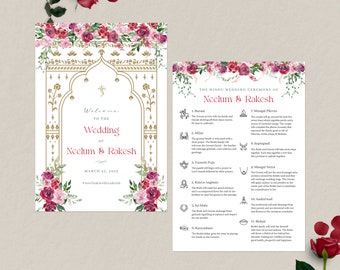 Programa de boda hindú / Ceremonia hindú / Programa de boda personalizado / Infografía hindú / Roses Gold Mandap