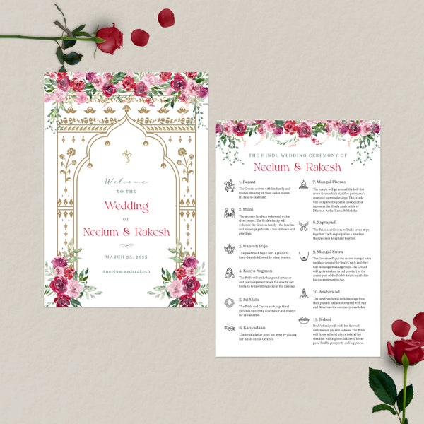 Hindu Wedding Program | Hindu Ceremony | Custom Wedding Program | Hindu Infographics | Roses Gold Mandap