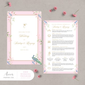 Könnte beinhalten: Ein rosafarbenes und goldenes Hochzeitsprogramm mit floralen Akzenten und einer Illustration eines Pfaus. Das Programm beschreibt die Sikh-Hochzeitszeremonie von Sandeep & Rummy am 30. Mai 2024. Das Programm umfasst die traditionellen Zeremonien Baraat, Milni, Anand Karaj, Palle di Rasam, Laavan, Ardas und Karah Prashad.