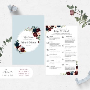 May include: A double-sided wedding program with a floral design in shades of burgundy, navy blue, and blush pink. The front side features the text "Welcome to the Hindu ceremony of Priya & Nitesh 02.04.2023". The back side lists the Hindu wedding ceremony steps with corresponding icons.