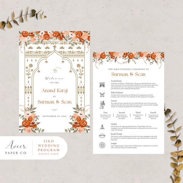Sikh Wedding Program | Sikh Ceremony | Custom Wedding Program | Sikh Infographics | Orange Rust/Peach Roses Gold Palki