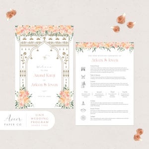 May include: A double-sided wedding programme with a floral design and gold accents. The front features a welcome message for the Anand Karaj ceremony of Arleen & Joven, with the date 20 July 2025. The back includes details about the Sikh wedding ceremony, including the steps and traditions.