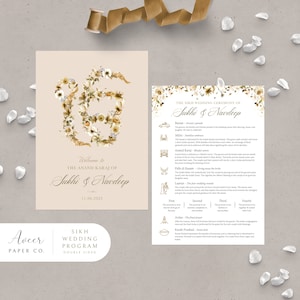 Puede incluir: Un programa de boda de doble cara con un diseño floral. La parte delantera presenta una ilustración floral del símbolo sij, el Khanda, con el texto "Bienvenido al Anand Karaj de Sukhi & Navdeep 11.06.2023". La parte trasera presenta el texto "La ceremonia de boda sij de Sukhi & Navdeep" y una lista de los eventos de la ceremonia de boda.