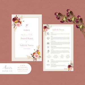 May include: A double-sided wedding program with floral illustrations and gold accents. The front features the text "Welcome to the Anand Karaj of Sukh & Neeru" and the date "October 02, 2022". The back includes a list of Sikh wedding ceremony traditions with descriptions and icons.