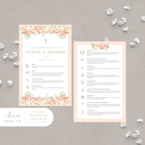 May include: A double-sided wedding program with a peach background and floral border. The front side features the text "The Wedding Ceremony of Tanya & Adarsh August 14, 2024" and a list of Hindu wedding ceremony events. The back side features a list of Hindu wedding traditions with icons and descriptions.
