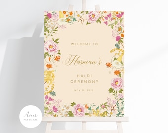 Haldi/Sangeet Vintage Bloom znak powitalny | Indyjskie wesele | Ślub w Pendżabie | Majan | Choora - 18&quot;x24&quot;