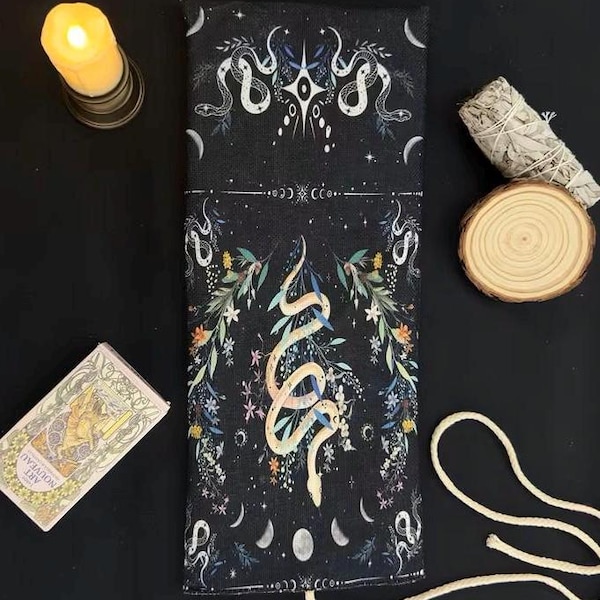 Bolsa para cartas de tarot con diseño de serpiente floral – Bolsita mística para adivinación, almacenamiento de mazos de oráculo